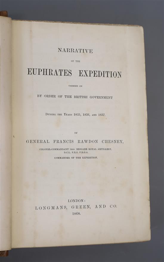 Cheesney, Francis Rawdon - Narrative of the Euphrates Expedition, 8vo, rebound cloth, with 45 litho plates and 1 map, lacking map at en